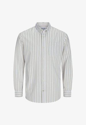 Riba särk valges ja beežis, pika varrukaga, nööpidega kaeluses, esise taskuga ja õrnalt tekstuuriga kangas.