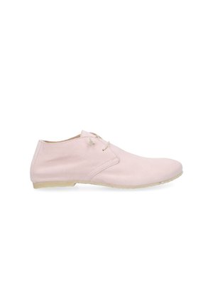 Light pink leather ankle boot with thin beige sole and lace-up closure, shown from the side on a white background.