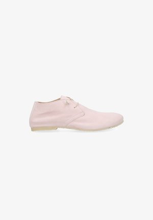 Light pink leather ankle boot with thin beige sole and lace-up closure, shown from the side on a white background.