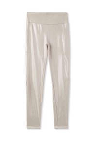 Leggings metallici lucidi in beige chiaro con una texture liscia, vita alta e dettagli con tasche laterali. Design aderente.