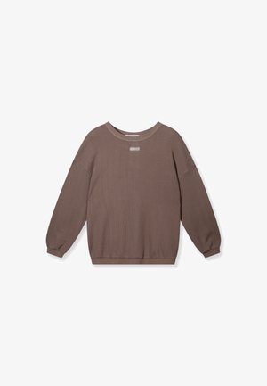 Long-sleeve brown ribbed sweater with round neckline and small white logo centered on the chest against a white background.