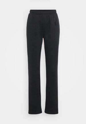 Un pantalon de survêtement noir avec une coupe droite, fabriqué à partir d'un tissu doux. Il dispose d'une taille élastique et d'un détail de logo subtil sur le côté.