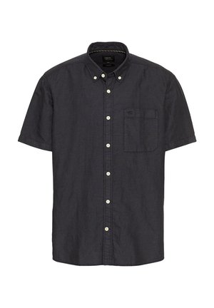 Short-sleeve, dark navy button-up shirt made of lightweight fabric; features a chest pocket and white buttons for closure.