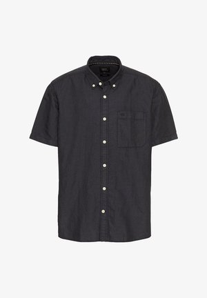 Korte mouwen, donkerblauwe button-up shirt van lichtgewicht stof; beschikt over een borstzak en witte knopen voor sluiting.