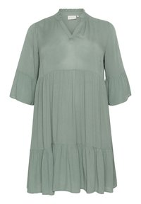 Light green, knee-length dress with a v-neck, flared sleeves, and ruffled collar. Made from smooth fabric with gathered tiers.