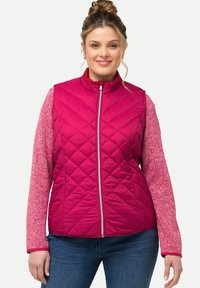 Fuchsia gesteppte Weste mit hohem Kragen, Reißverschluss vorne und strukturierten pinken Ärmeln; verfügt über ein figurbetontes Design und einen sportlichen Look.