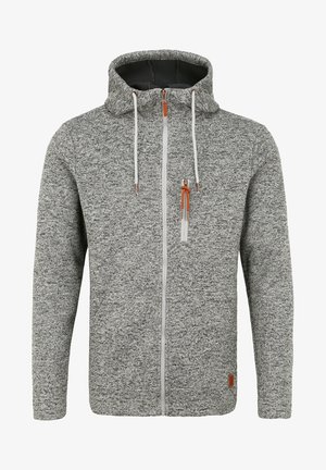 Hanorac gri cu fermoar, dintr-un material texturat, tricotat. Dispune de o glugă cu șnur, fermoar alb în contrast și detaliu din piele la tiv.