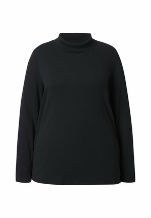 Mustan pitkähihaisen pooloneuleen yläosa, joka on valmistettu ribatusta kankaasta. Ominaisuuksiin kuuluu korkea kaula-aukko ja klassinen istuvuus, jossa on pysyvä väri ja minimaalinen muotoilu.