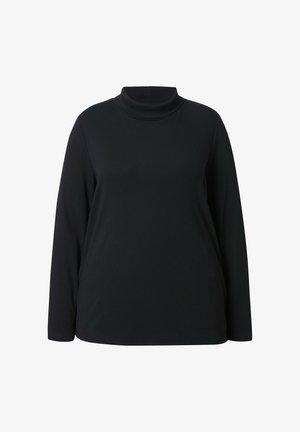 Schwarzes langärmliges Rollkragenoberteil aus geripptem Stoff. Es hat einen hohen Kragen und eine klassische Passform mit einfarbigem und minimalistischem Design.