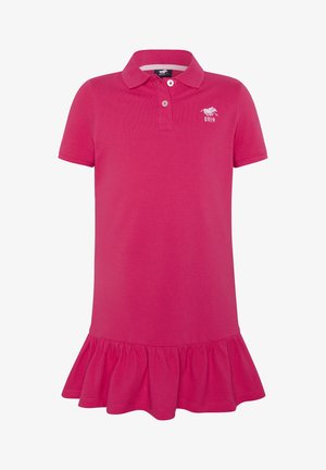 Roze polojurk gemaakt van katoen, met een kraag, korte mouwen en een gerimpelde zoom aan de onderkant. Voorzien van een klein logodetail.