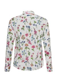 Biała koszula z długim rękawem w kolorowy kwiatowy wzór. Posiada klasyczny kołnierzyk oraz zaokrąglony dół z zapięciem na guziki na rękawach.