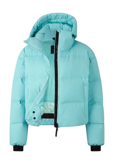 Aqua-kolorowa kurtka puchowa z zamkiem z przodu, elastycznymi mankietami i kapturem. Posiada pikowaną fakturę oraz wewnętrzną kieszeń.