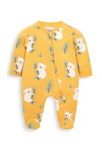 Gul bomuldsdragt med lange ærmer. Har et mønster af koalaer og blade, lynlås lukning og foddesign for varme og komfort.