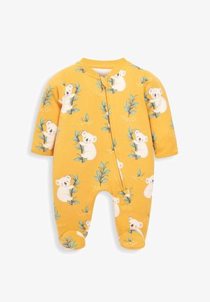 Geltona medvilninė bodži su ilgomis rankovėmis. Su kuolo ir lapų raštu, užtrauktuko uždarymu, ir pėdų dizainu, užtikrinančiu šilumą ir komfortą.