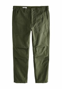 Olive green pants made from cotton, featuring a relaxed fit, front pockets, and a smooth texture with straight legs and no visible patterns.