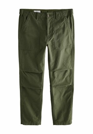 Olive green pants made from cotton, featuring a relaxed fit, front pockets, and a smooth texture with straight legs and no visible patterns.