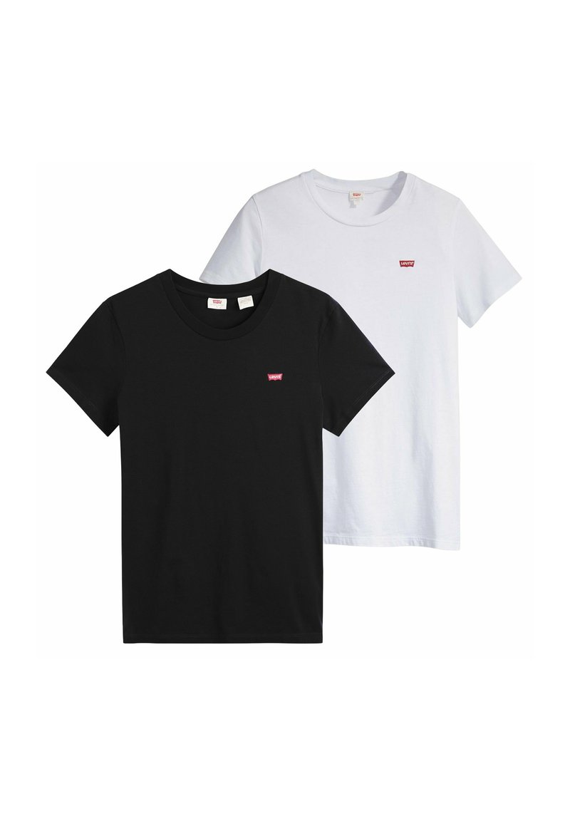 Schwarz-weiße Levi's T-Shirts mit kurzen Ärmeln, Rundhalsausschnitt und kleinen roten Logo-Patches auf der linken Brust.