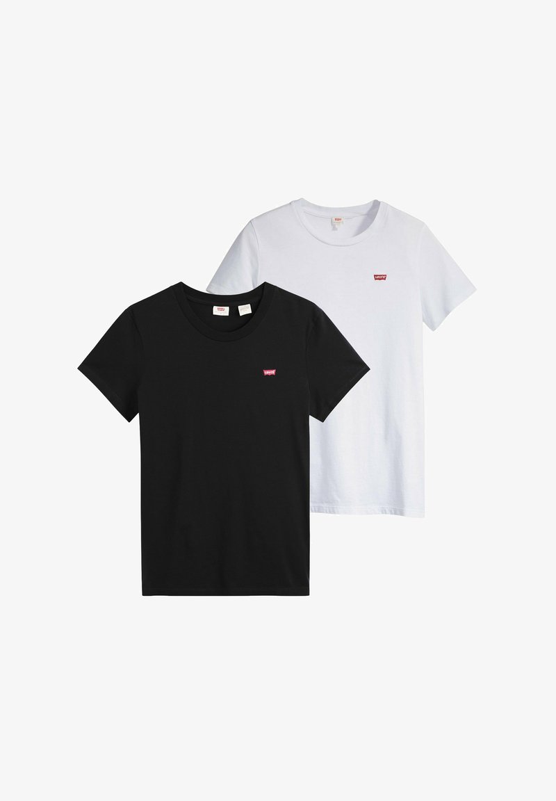 Schwarz-weiße Levi's T-Shirts mit kurzen Ärmeln, Rundhalsausschnitt und kleinen roten Logo-Patches auf der linken Brust.