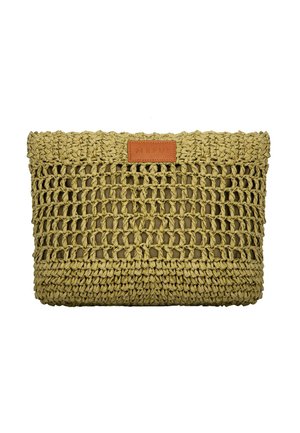 Borsa clutch rettangolare beige intrecciata con design a maglia aperta, bordo superiore intrecciato solido e piccola etichetta in pelle marrone con la scritta "MEFUI" centrata in alto.