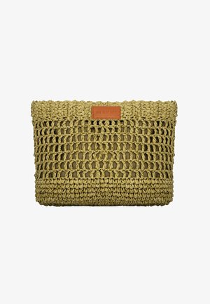 Borsa clutch rettangolare beige intrecciata con design a maglia aperta, bordo superiore intrecciato solido e piccola etichetta in pelle marrone con la scritta "MEFUI" centrata in alto.