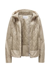 Beige gesteppte Jacke mit Kapuze, mit glattem Äußeren, Reißverschluss und Taschen. Das Innenfutter hat ein strukturiertes Muster und eine weiche Fütterung.