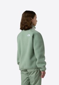 Pulover verde deschis din fleece cu textură moale și guler înalt. Are un logo alb pe spate, croială lejeră și manșete striate.