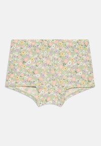 Blomsterdekorert hipster-shorts laget av myk stoff i pastellfarger, med en grønn bunn og rosa, gule og lilla blomster.