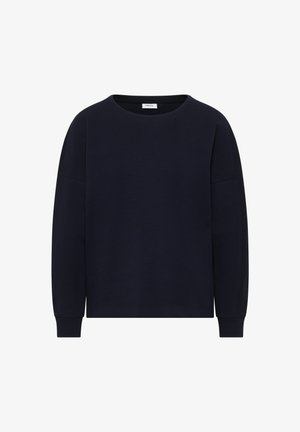 Marineblauwe sweatshirt met een ronde hals, lange mouwen en een relaxte pasvorm. Gemaakt van zacht materiaal met geribbelde boorden en een zoom.