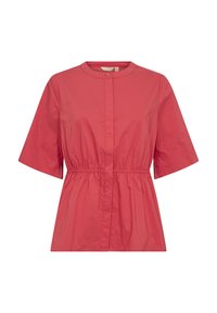 Blusa rossa a maniche corte realizzata in tessuto leggero, con scollatura rotonda, vita arricciata e chiusura con bottoni sul davanti.