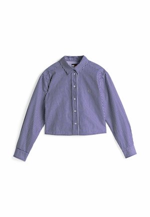 Afskåret skjorte med blå og hvide lodrette striber, knap-ned krave, lange ærmer og lille broderet logo på brystet.