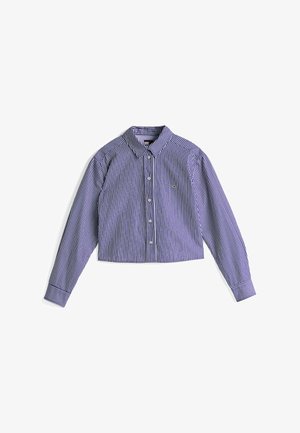 Camisa recortada con rayas verticales azul y blancas, cuello abotonado, mangas largas y pequeño logo bordado en el pecho.