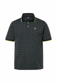 Camiseta polo navy con un patrón floral en colores claros, con un cuello y dobladillo en verde lima como contraste, dos botones y un logo.