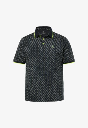 Marineblå polo t-shirt med et blomstermønster i lyse farver, med en kontrastfarvet krave og kant i limegrøn, to knapper og et logo.