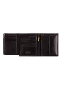 Portafoglio in pelle nera con più slot per carte, una tasca con zip e una superficie liscia. Presenta il logo impresso all'interno.