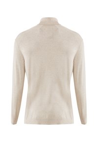 Pullover beige a maniche lunghe con colletto alto, realizzato in tessuto morbido. Caratterizzato da una trama uniforme e polsini a costine, senza loghi o motivi visibili.