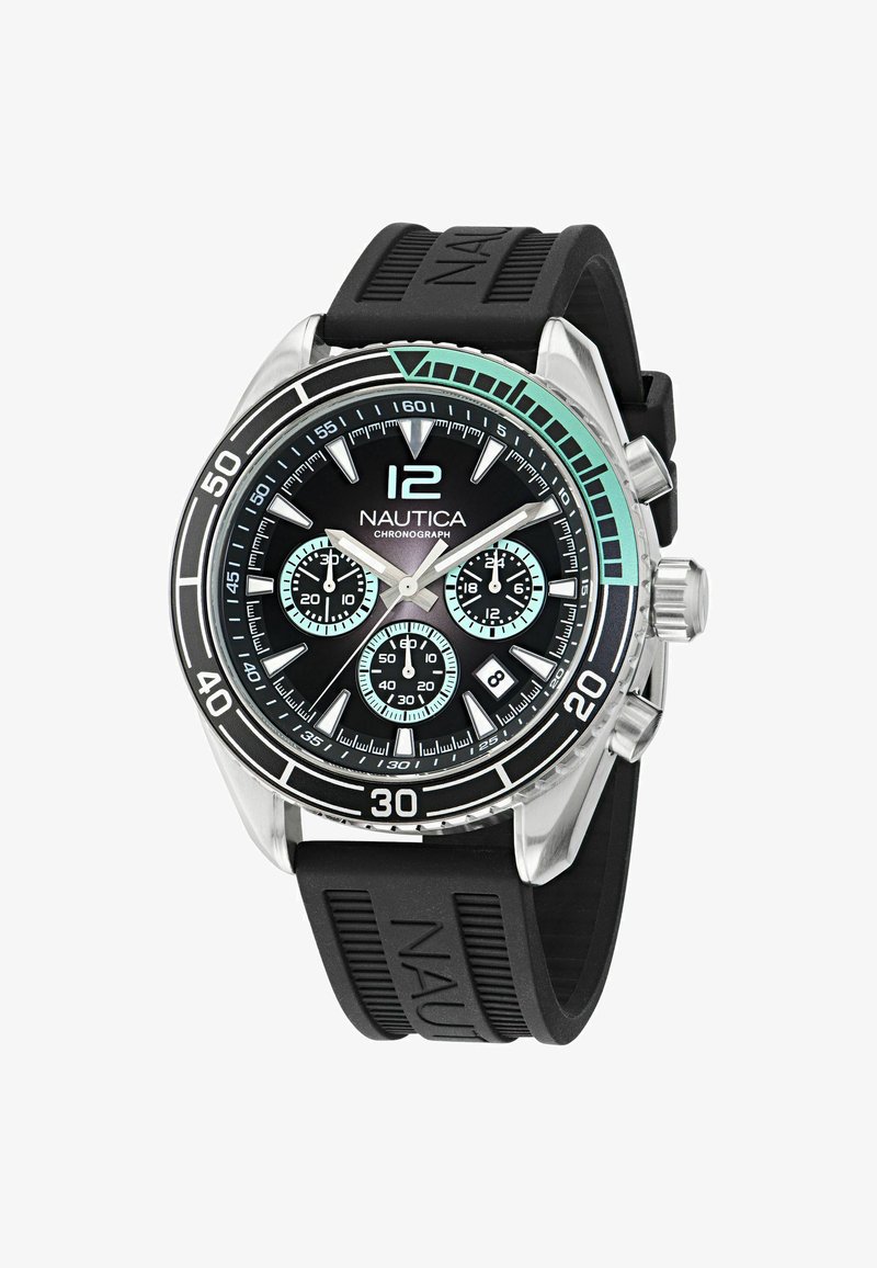 Must mustraafia kell musta värvi, hõbedast roostevabast terasest korpus, kummist rihm, türkiissinine aktsent ja must kellanäitaja, millel on valged tunni numbrid.