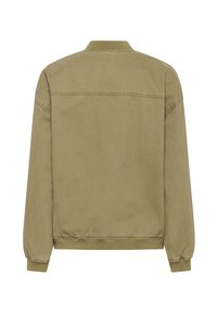 Bež priložnostna jakna z dolgimi rokavi, rebrastimi manšetami in ovratnikom, elastičnim spodnjim robom, prikazana od zadaj na belem ozadju.