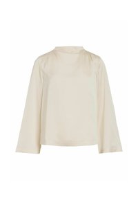 Blusa color crema realizzata in tessuto morbido, con un collo alto e maniche lunghe leggermente svasate con delicate arricciature sulle spalle.
