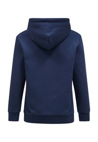 Felpa blu navy con una texture morbida, cappuccio regolabile con cordino e polsini a costine. Presenta una tasca a marsupio e un design semplice sul retro.
