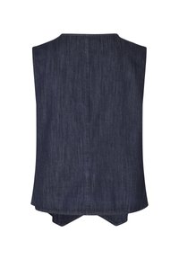 Dunkelblaues, ärmelloses Oberteil mit Rundhalsausschnitt, geradem Schnitt und gespaltenem Saum hinten, das über eine subtile vertikale Textur verfügt.