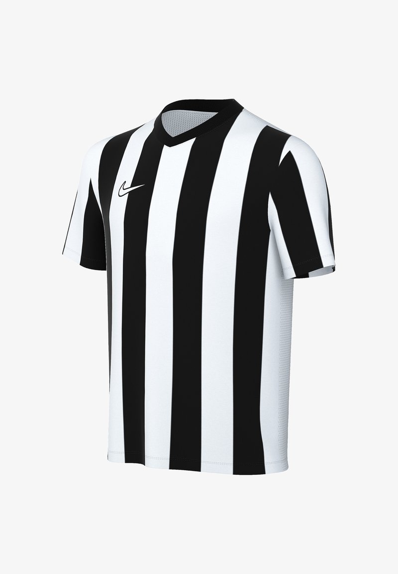 Maillot de sport pour hommes à manches courtes avec des rayures verticales noires et blanches et un petit logo Swoosh de Nike sur la poitrine.