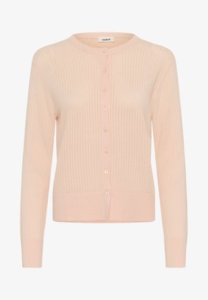 Hele roosa kardigan soonikkootud kangast, millel on ümmargune kaelus, pikad varrukad ja ees voldikud, mis sulguvad samas toonis nööpidega.