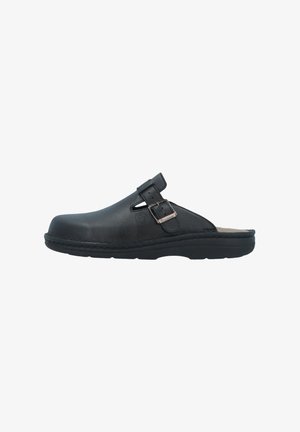 Sort læder slip-on træsko med justerbar spænde-rem og robust sål designet til komfort og holdbarhed.