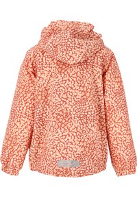 Röd-orange huva jacka med ett lekfullt krämfärgat abstrakt mönster, elastiska ärmslut och en logotyppatch nära fållen. Strukturerad tyg.