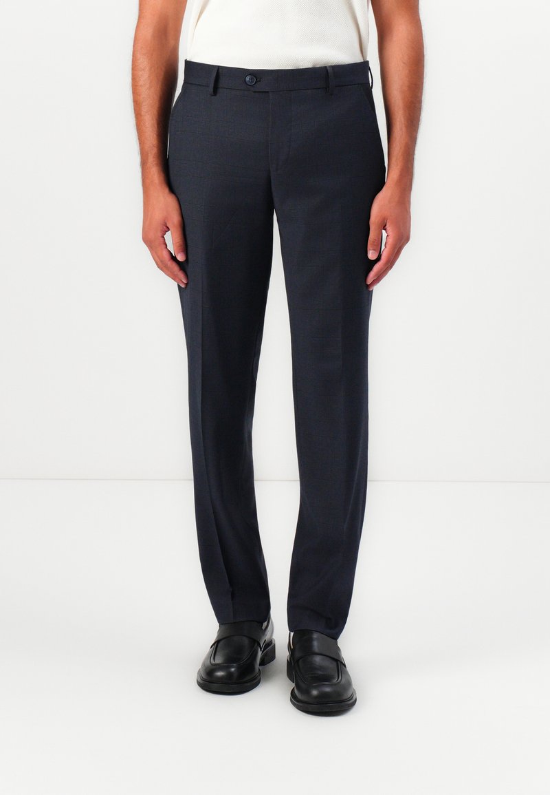 Tailored navy trousers with a subtle check pattern, made from woven fabric, featuring a button closure and straight-leg cut.