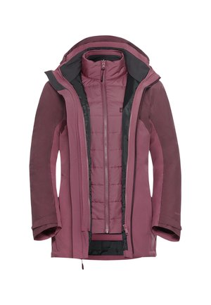 Wasserabweisende Jacke in dunklem Burgunderrot mit einer weichen, strukturierten Oberfläche. Verfügt über einen Reißverschluss vorne, eine abnehmbare Kapuze und ein Innenfutter mit Nähdetails.