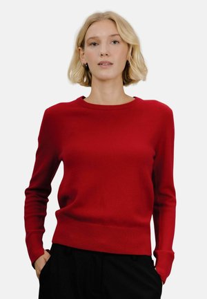 Rød strikkegenser med lange ermer, rund hals og ribbestrikket kant. Glatt tekstur, tettsittende fasong og minimalistisk design.