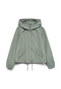 Veste à capuche zippée vert clair, manches longues, deux poches avant à rabat avec boutons-pression, poignets élastiques et cordons de serrage à l'ourlet.