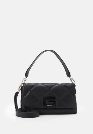 Black quilted handbag made of leather featuring a central logo and adjustable strap. Rectangular shape with smooth texture and gold hardware.