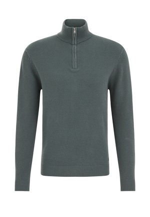 Tamnozeleni džemper s patentnim zatvaračem na vratu, teksturiranim uzorkom pletenja, dugim rukavima te rebrastim manžetama i rubom. Ukrašen malim detaljem s logotipom.